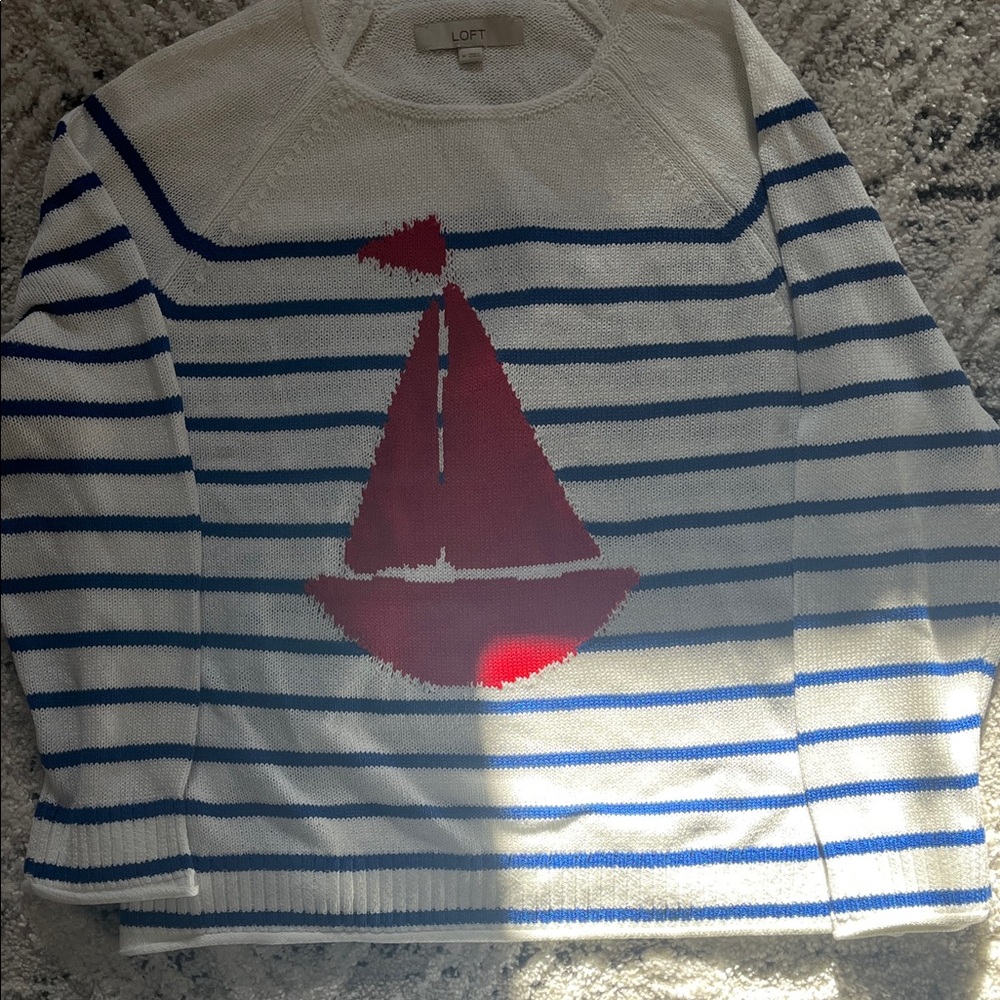 LOFT woman’s Blue and White Striped Sweater with Red Sailboat.  Worn once